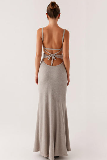 Robe formelle sirène à bretelles spaghetti grises à lacets dans le dos